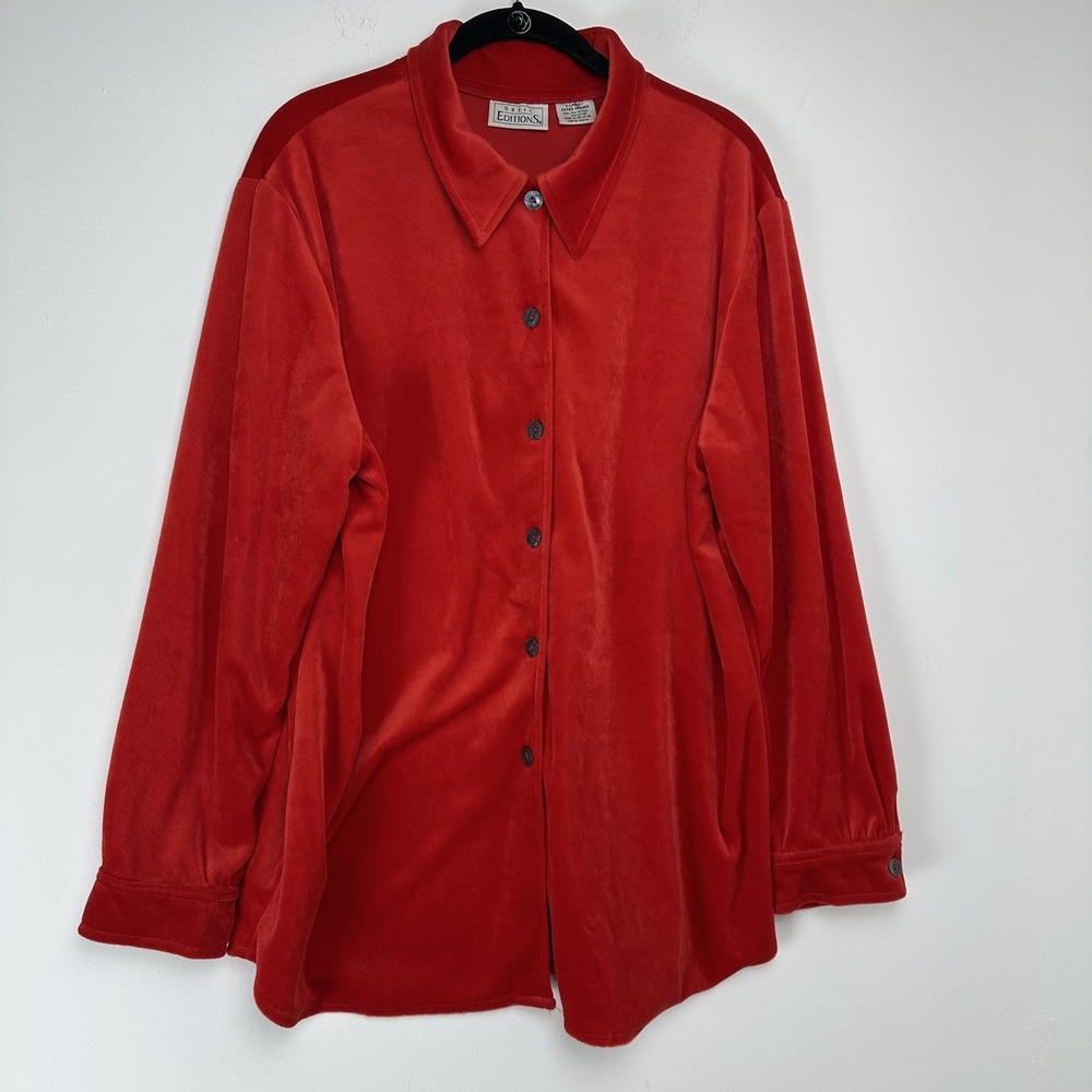 Vintage Women's Velvet Button Up Top Size XL Red Holiday Christmas‎ Party